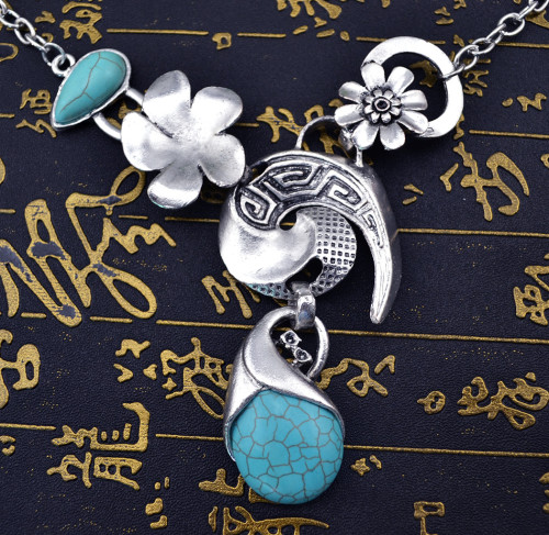 N-5810 Fashion tibet silver chian moon shape drop turquoise drop tassel chunky layered long necklace