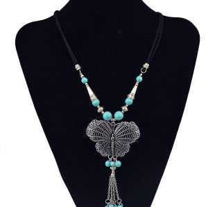 N-5812 Bohemian Style vintage Silver Plated rope chain Natural Turquoise butterfly Pendant Necklace