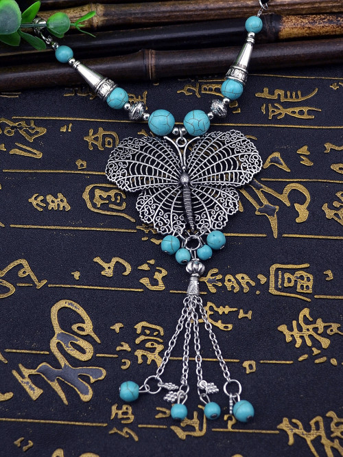 N-5812 Bohemian Style vintage Silver Plated rope chain Natural Turquoise butterfly Pendant Necklace
