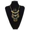 N-5807 Bohemian Vintage Jewelry Gold Silver Plated Carving Flower Turquoise Bead Leaf Tassel Pendant Necklace Earrings Set for Women