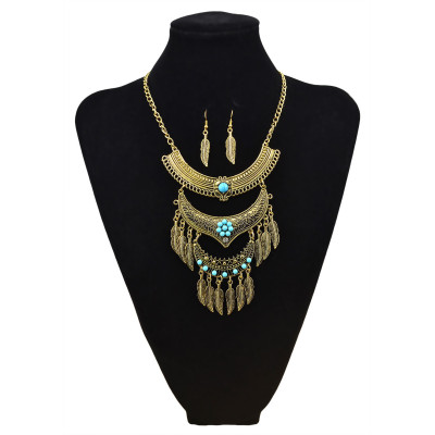 N-5807-G Bohemian Vintage Jewelry Gold Silver Plated Carving Flower Turquoise Bead Leaf Tassel Pendant Necklace Earrings Set for Women