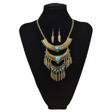N-5807-G Bohemian Vintage Jewelry Gold Silver Plated Carving Flower Turquoise Bead Leaf Tassel Pendant Necklace Earrings Set for Women