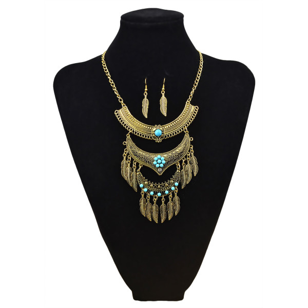 N-5807 Bohemian Vintage Jewelry Gold Silver Plated Carving Flower Turquoise Bead Leaf Tassel Pendant Necklace Earrings Set for Women