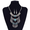 N-5807 Bohemian Vintage Jewelry Gold Silver Plated Carving Flower Turquoise Bead Leaf Tassel Pendant Necklace Earrings Set for Women