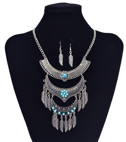 N-5807 Bohemian Vintage Jewelry Gold Silver Plated Carving Flower Turquoise Bead Leaf Tassel Pendant Necklace Earrings Set for Women