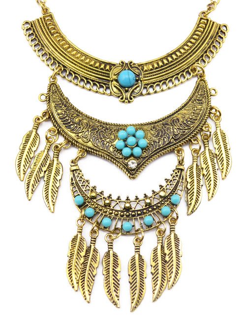N-5807-G Bohemian Vintage Jewelry Gold Silver Plated Carving Flower Turquoise Bead Leaf Tassel Pendant Necklace Earrings Set for Women