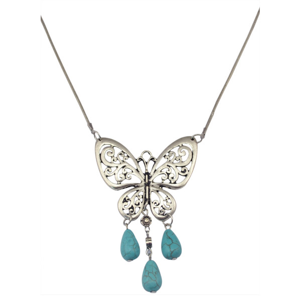N-5813 Tibetan Style Alloy Turquoise Butterfly Pendants necklaces Antique Silver plated Chain Necklace