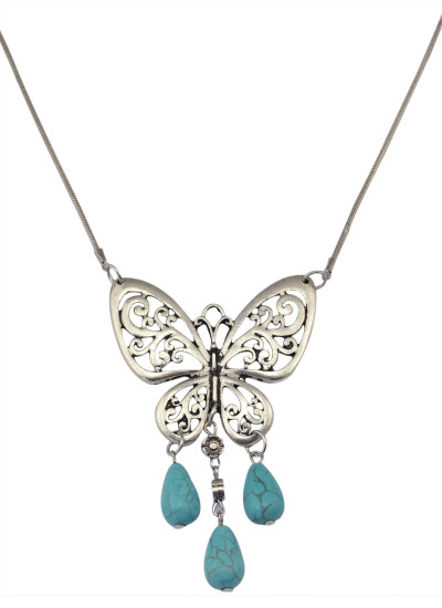 N-5813 Tibetan Style Alloy Turquoise Butterfly Pendants necklaces Antique Silver plated Chain Necklace