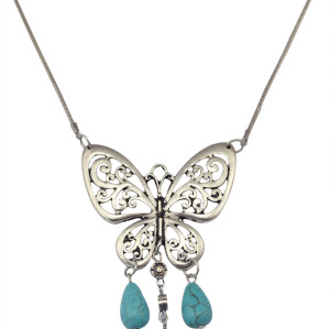 N-5813 Tibetan Style Alloy Turquoise Butterfly Pendants necklaces Antique Silver plated Chain Necklace