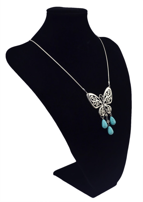 N-5813 Tibetan Style Alloy Turquoise Butterfly Pendants necklaces Antique Silver plated Chain Necklace