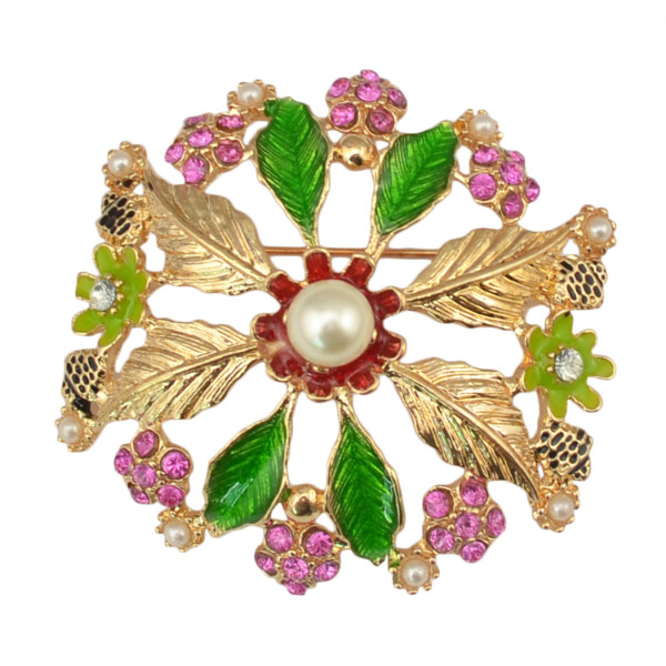 P-0199 New design fashion golden plated alloy crystal &Artificial pearl leaf shape Brooch flower brooch for women jewelry