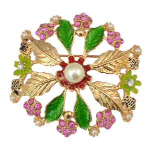 P-0199 New design fashion golden plated alloy crystal &Artificial pearl leaf shape Brooch flower brooch for women jewelry