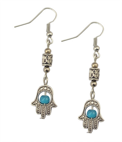 E-3601 ew Fashion Silver Plated Blue Beads Hand Of Fatima Dangle Earrings For Women