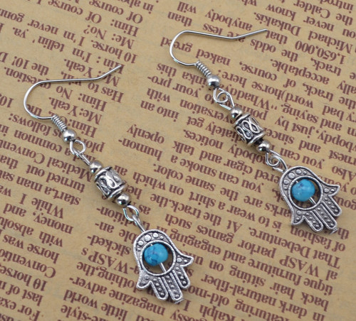 E-3601 ew Fashion Silver Plated Blue Beads Hand Of Fatima Dangle Earrings For Women