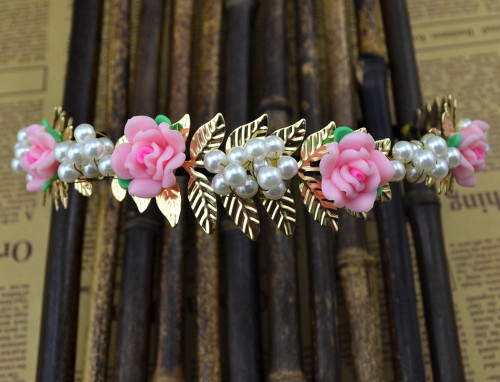 F-0283 Fashion New Wedding Hairband Gold Plated Charms Pink Flower Pearl Hair Bridal Accessory Jewelry for Woman Girls Gift