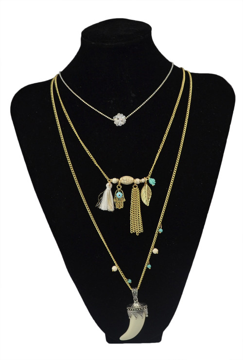 N-5817 Fashion Gold Plated Multilayer Turquoise Tassel Charm Long Necklace For Women