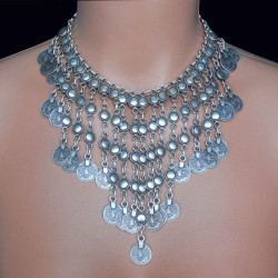 N-5831 New fashion Bohemian style silver plated tassel chain coin carving bib statement necklace adjustable for women