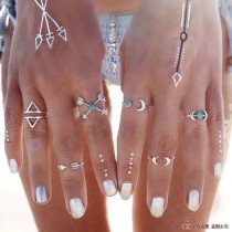R-1273  6 Pcs/set New Fashion Bohemian Style Silver Plated Design 6 Types Natural Turquoise Moon Shape Nail Rings for Women jewelry