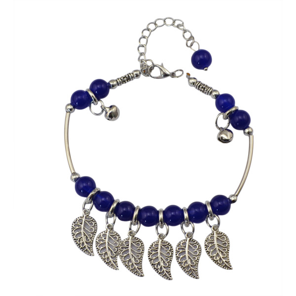 B-0612  New fashion korea style silver plated metal leaves blue resin beads charm bracelets for women jewelry