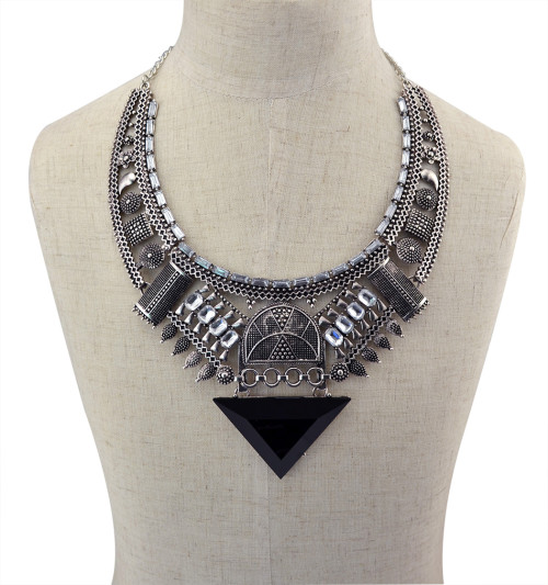 N-5847 New Brand Blue Black Crystal Statement Necklace Fashion Jewelry Vintage Silver Triangle Large Necklace & Pendant Women