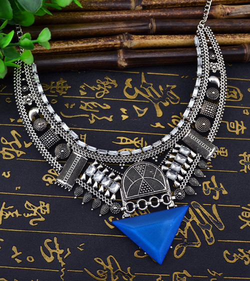 N-5847 New Brand Blue Black Crystal Statement Necklace Fashion Jewelry Vintage Silver Triangle Large Necklace & Pendant Women