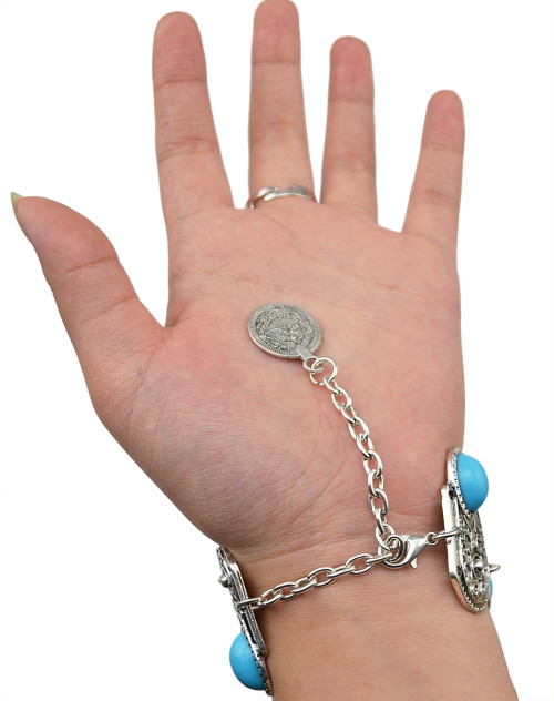 B-0616  Bohemian Boho Retro Silver Plated Inlay Blue Resin Beads Coin Pendant Hand Chain Ring Bracelet For Women