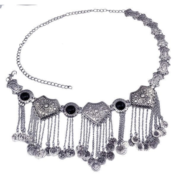 N-5859 *  Gypsy Bohemian Boho Vintage Silver Plated Inlay Acrylic Beads Coin Tassel  Waist Belly  Dance Body Chain Women Jewelry