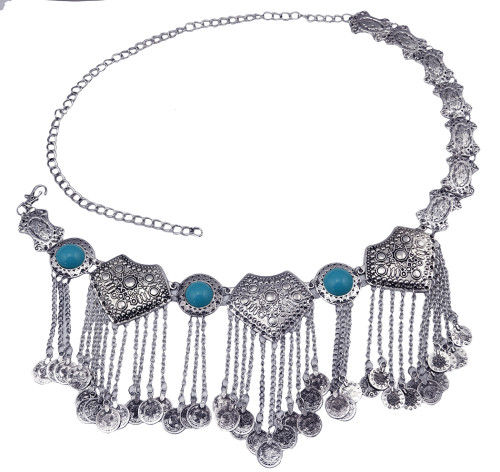 N-5859 *  Gypsy Bohemian Boho Vintage Silver Plated Inlay Acrylic Beads Coin Tassel  Waist Belly  Dance Body Chain Women Jewelry