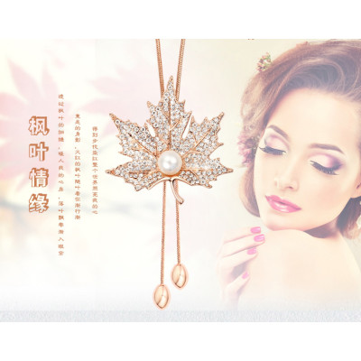 N-5864  New fashion Europen and American style charm rhinestone pearl maple leaf long pendant necklace for women jewelry