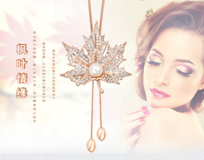 N-5864  New fashion Europen and American style charm rhinestone pearl maple leaf long pendant necklace for women jewelry