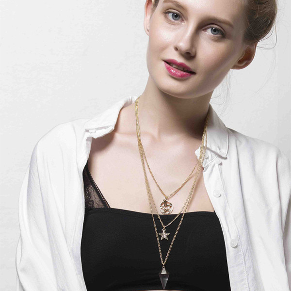 N-5863  New Fashion European Style Silver/Gold Plated Multilayer Chain Stars Charm Super Transparent Crystal Pendant Necklace For Women