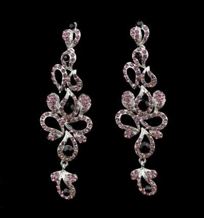 E-3619  New luxury silver plated 4 colors charm rhinestone crystal flower long earrings large dangle earrings for brides wedding jewelry