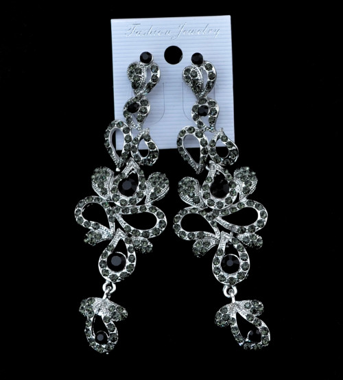 E-3619  New luxury silver plated 4 colors charm rhinestone crystal flower long earrings large dangle earrings for brides wedding jewelry