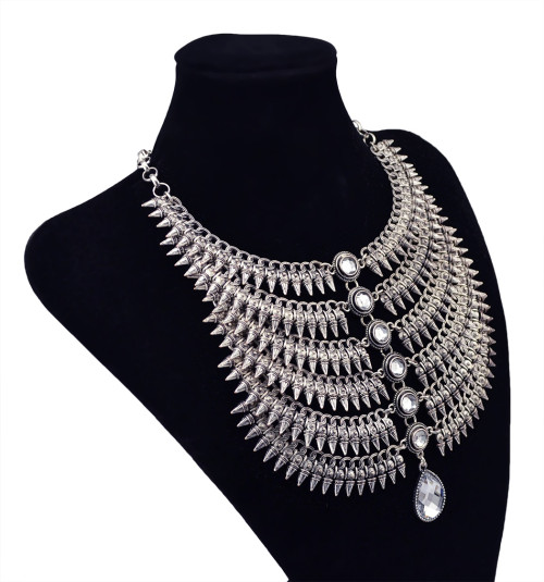 N-5869  New Arrival Silver Plated Multilayer Rivets Tassel Inaly Crystal Pendant Choker Necklace  For Women