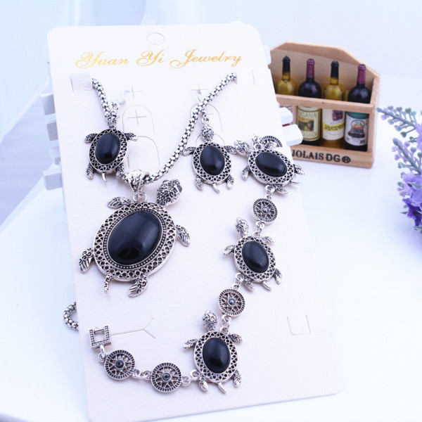 N-5867 New vintage silver stone tortoise pendant necklace bracelet earrings jewelry set