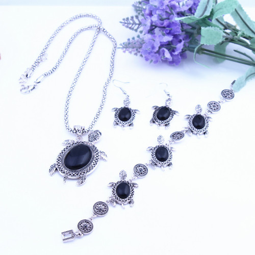N-5867 New vintage silver stone tortoise pendant necklace bracelet earrings jewelry set
