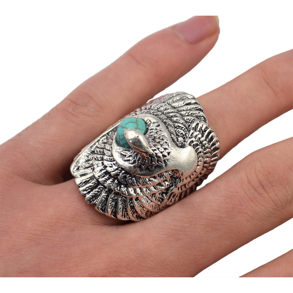 R-1278   Unisex New Fashion Tibetan Style Silver Plated Natural Turquoise Swallow  Cocktail Finger Ring Adjustable