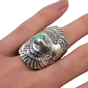 R-1278   Unisex New Fashion Tibetan Style Silver Plated Natural Turquoise Swallow  Cocktail Finger Ring Adjustable