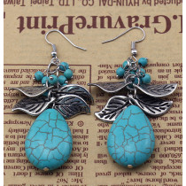 E-3625 bohemian style silver plated leafs large natural turquoise stone pendant dangle earrings