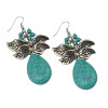 E-3625 bohemian style silver plated leafs large natural turquoise stone pendant dangle earrings