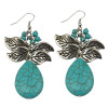 E-3625 bohemian style silver plated leafs large natural turquoise stone pendant dangle earrings
