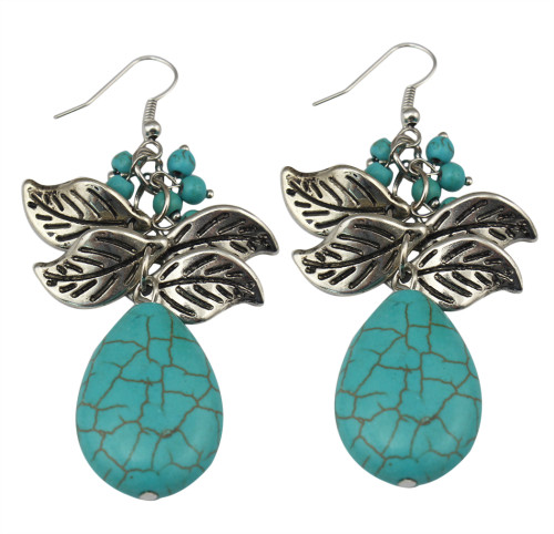 E-3625 bohemian style silver plated leafs large natural turquoise stone pendant dangle earrings