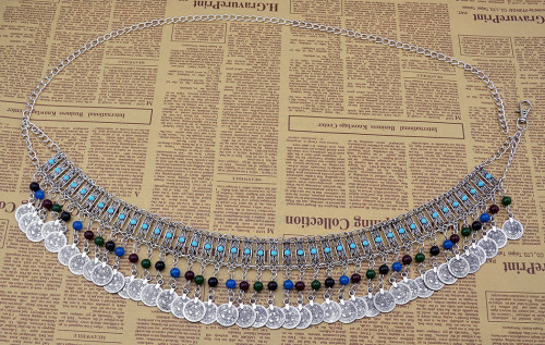 N-5893  Bohemian boho vintage belt carved flower resin beads coin tassel pendant waist dance body chain jewelry