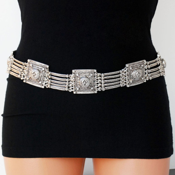 N-5895  Tribal bohemian boho body jewelry silver bronze plated 5 layers pattern vintage flower belly dance belt chain waist jewelry