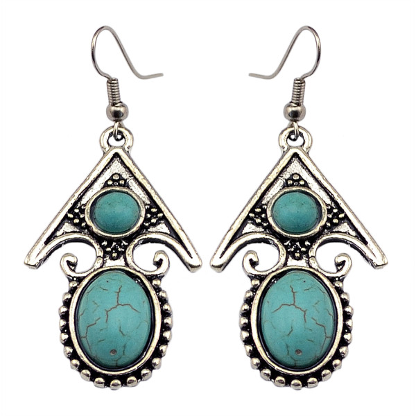 E-3632  Retro Tibetan Silver Carved Flower Arrow Turquoise Beads Dangle Earrings For Women Jewelry
