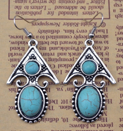 E-3632  Retro Tibetan Silver Carved Flower Arrow Turquoise Beads Dangle Earrings For Women Jewelry