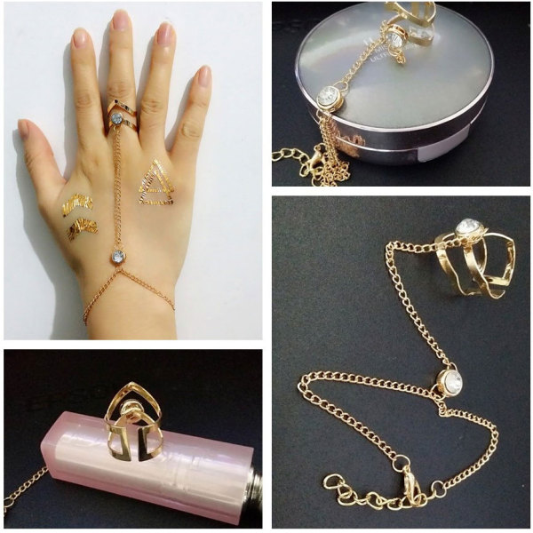 B-0633  new design fashion gold link chain hollow out geometry shape finger ring with bracelet for women girl jewelry