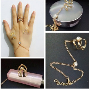B-0633  new design fashion gold link chain hollow out geometry shape finger ring with bracelet for women girl jewelry