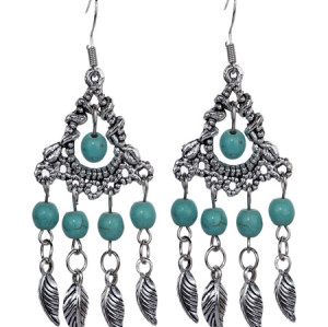E-3634  Bohemian Style Vintage Silver Plated Turquoise Beads Leaf Dangle Earrings For Women Fashion Accessories