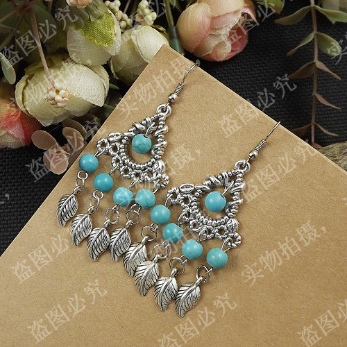 E-3634  Bohemian Style Vintage Silver Plated Turquoise Beads Leaf Dangle Earrings For Women Fashion Accessories